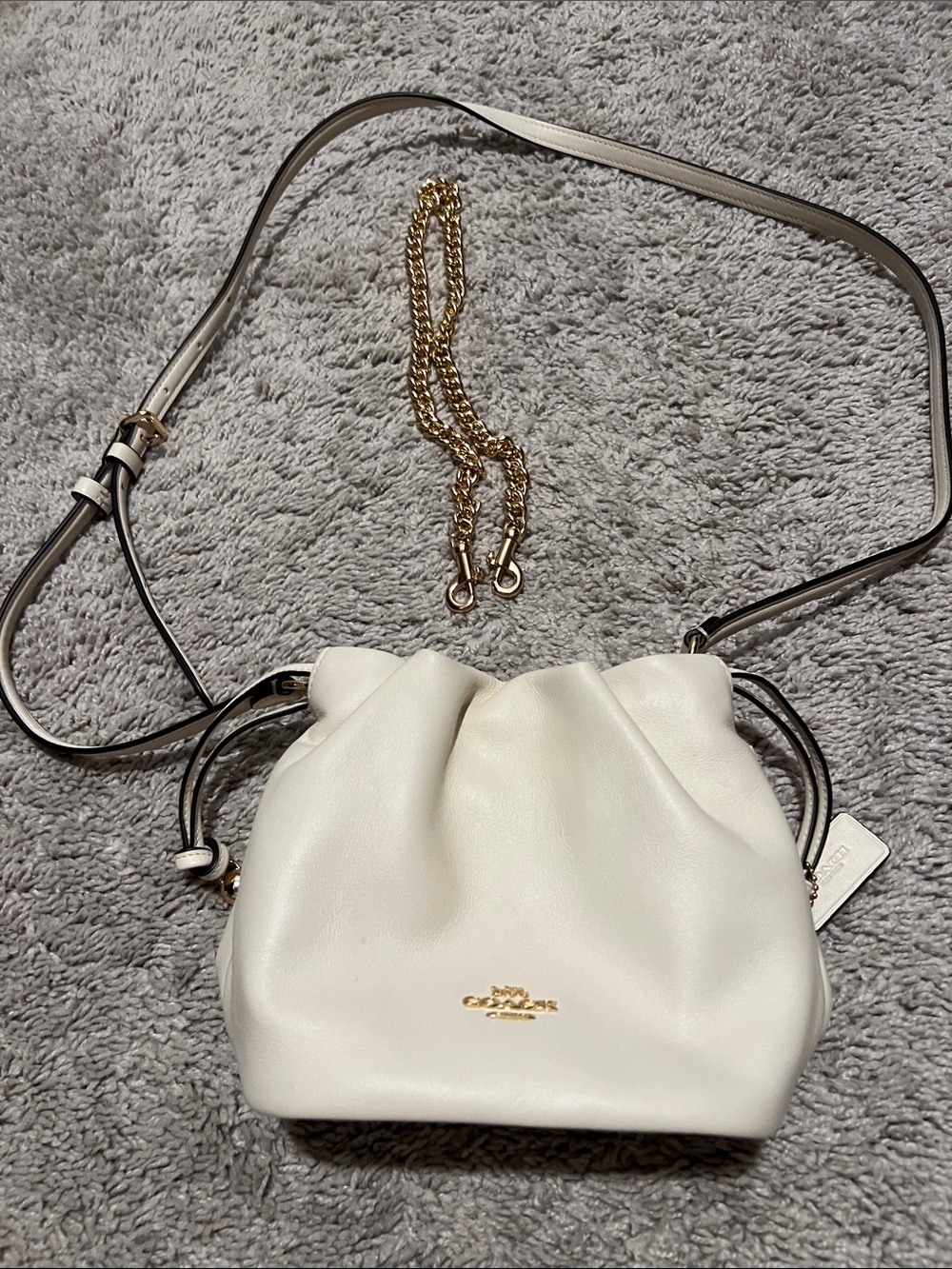 Coach Cream Leather Drawstring Mini Bag with Gold Chain